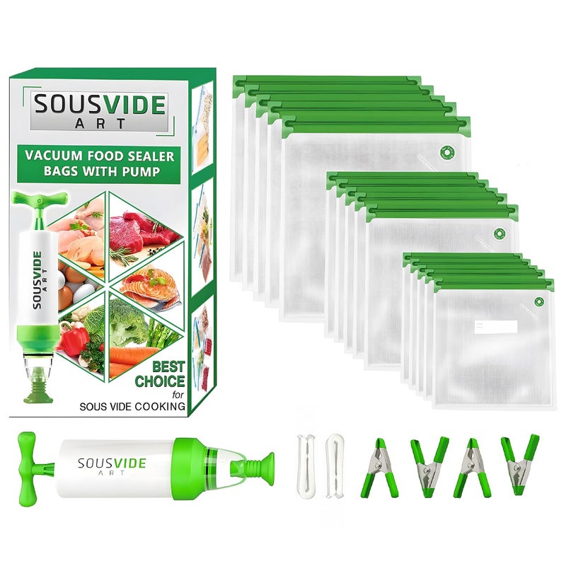 SOUSVIDE ART 37pcs Reusable Vacuum Seal Bags with Vacuum Sealer - 30 Cooking and Storage Bags of 3 Sizes with Pump and Sous Vide Cooker Accessories - Food Safe Kit, Keeps Food Fresh - Image 1